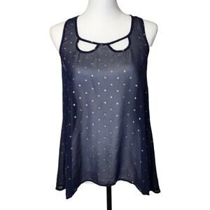 Freebird Sheer Navy Gold Metallic‎ Polka Dot Tank Size L